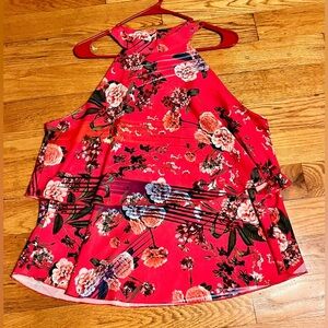 Isle Red Floral Halter Neck Top Chiffon Layered Tropical Boho Summer Vacation XL